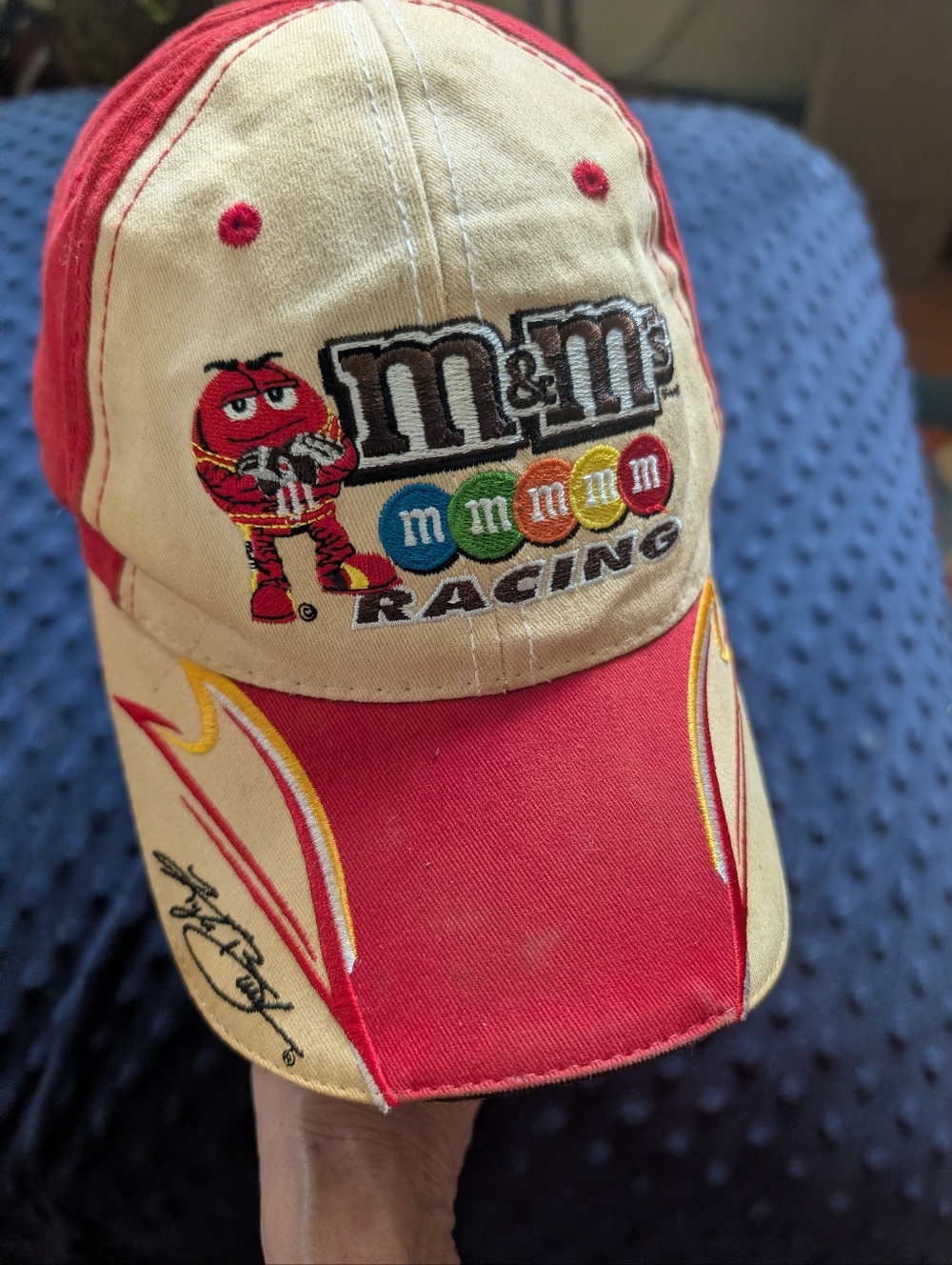 M&M'S Racing  Cap in Red and Cream with Colorful M&M Embroidery